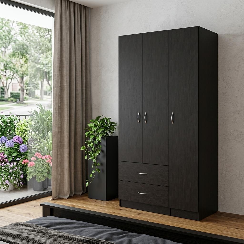 71" Black Wood Three Door Two Drawer Combo Dresser
