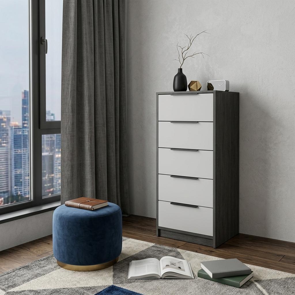 18" White And Gray Wood Five Drawer Dresser