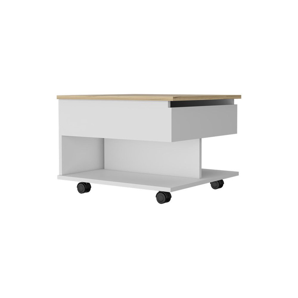 22" Natural And White Wood Lift Top Coffee Table With Two Shelves