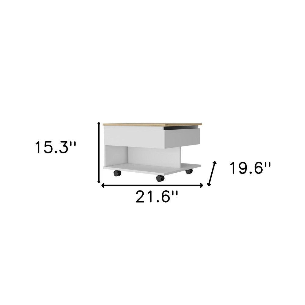 22" Natural And White Wood Lift Top Coffee Table With Two Shelves