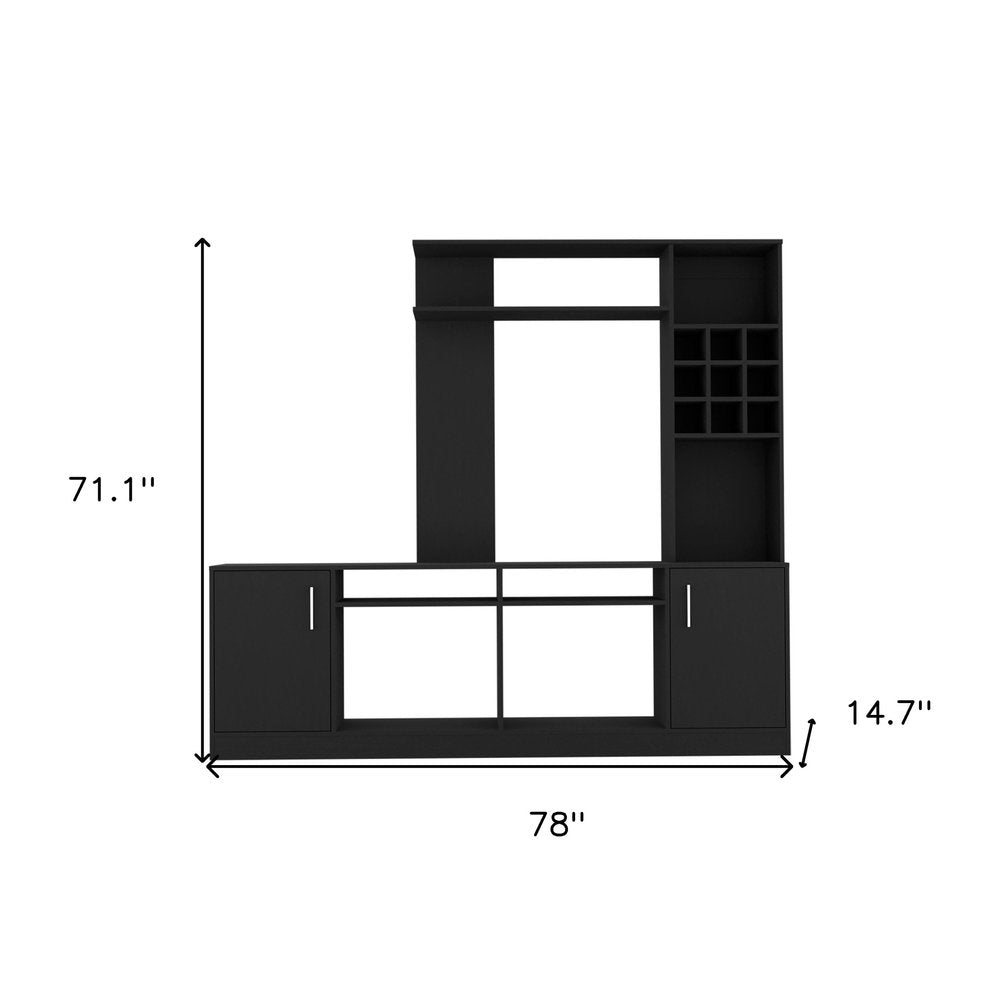 78" Black Wood Enclosed and Open Storage Entertainment Center with Bookcase