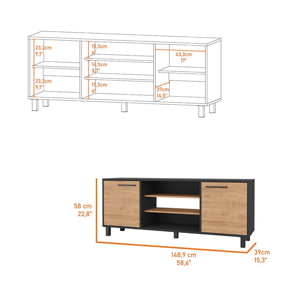 59" Black And Natural Wood Enclosed and Open Storage TV Stand