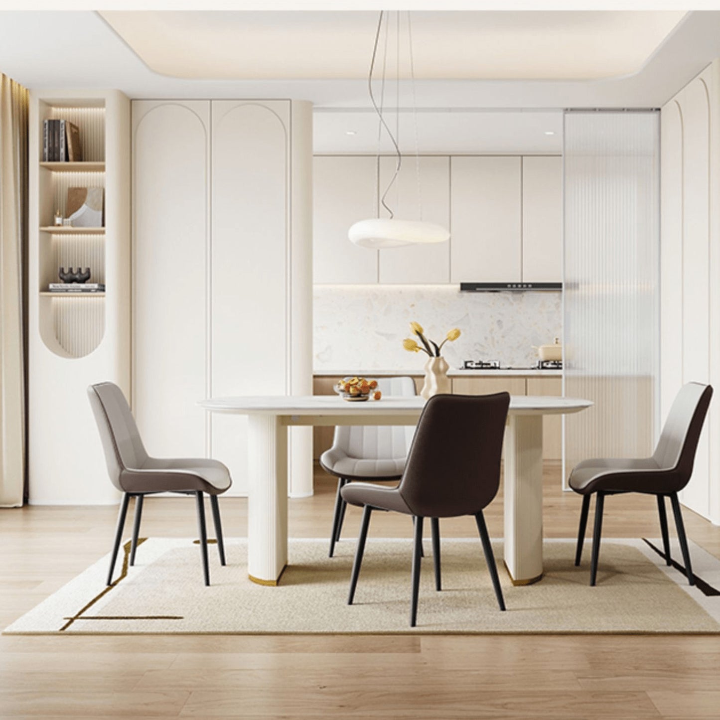 Set of Two Beige and Black Upholstered Fabric Dining Side Chairs