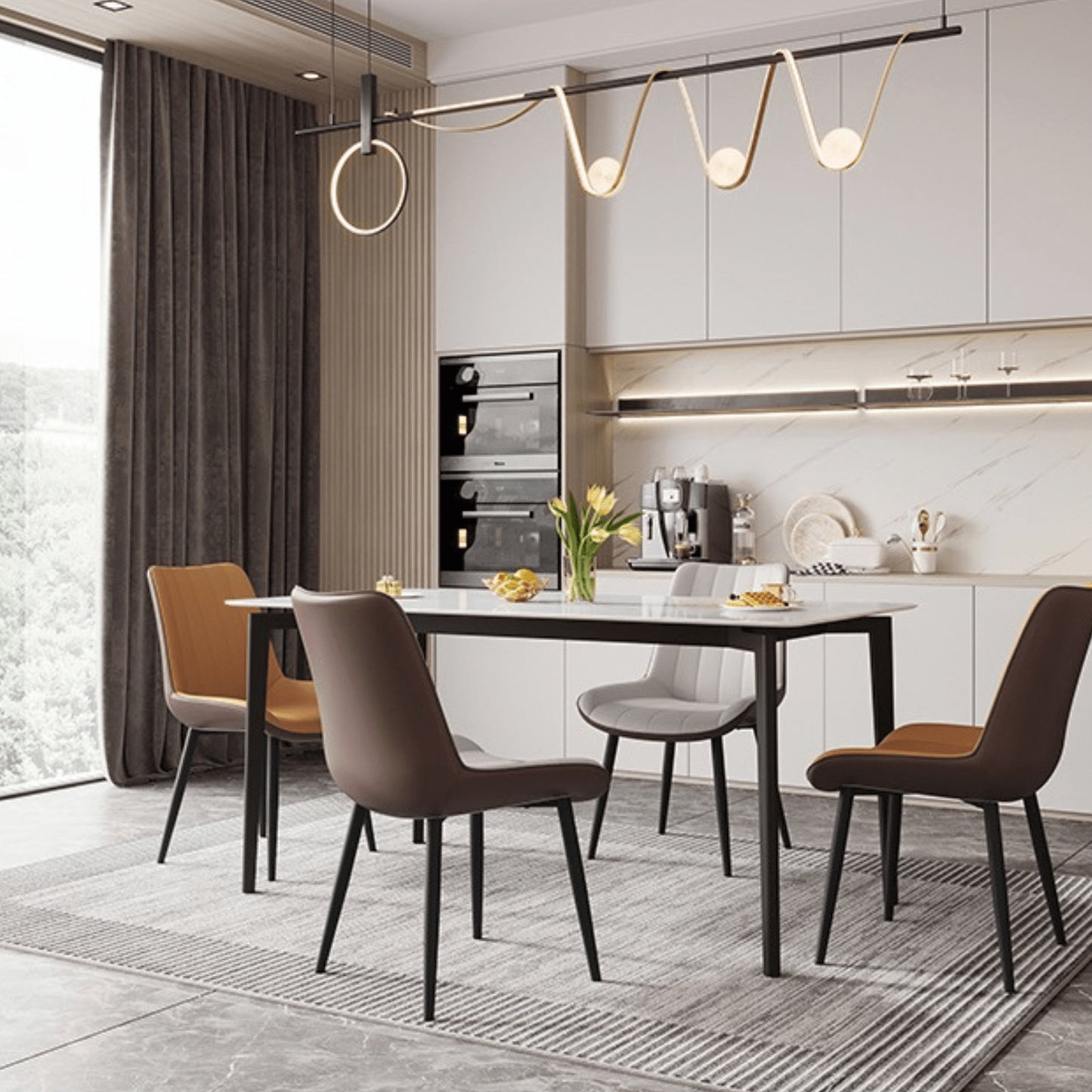 Set of Two Beige and Black Upholstered Fabric Dining Side Chairs