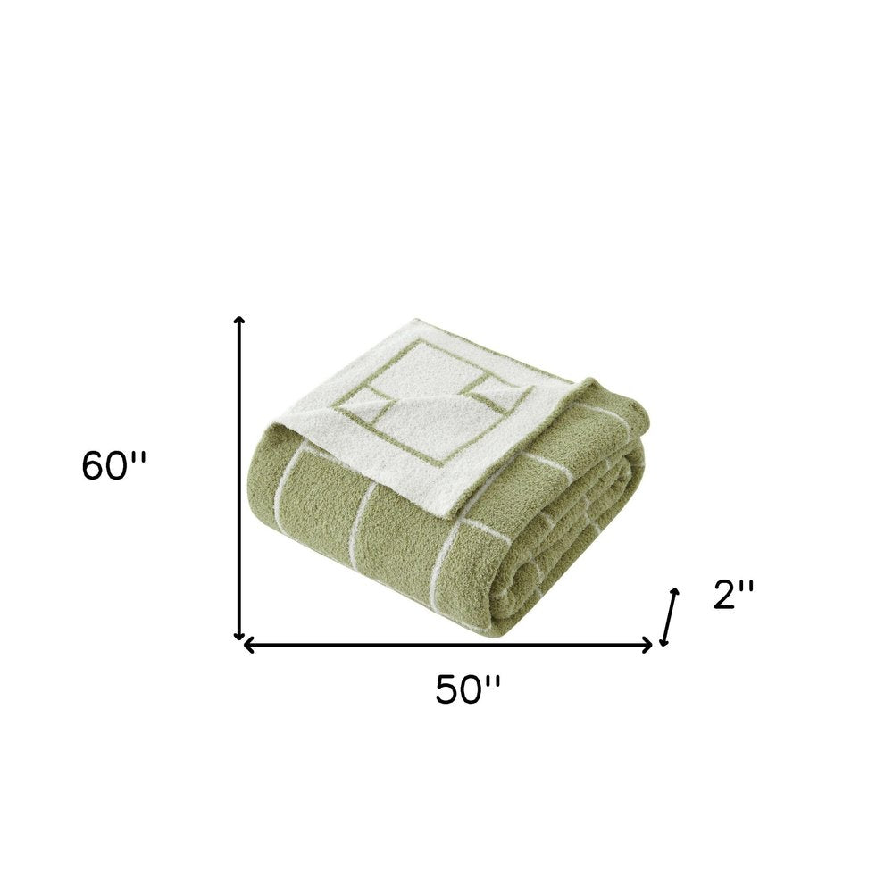 50" X 60" Green and White Fleece Knitted Geometric Plush Throw Blanket