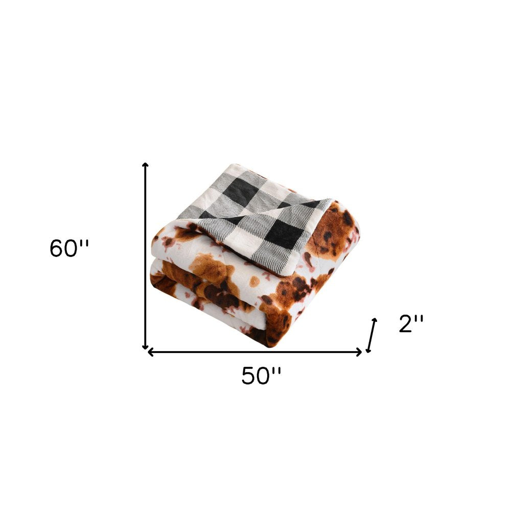 50" X 60" Brown and White Velvet Quilted Animal Print Plush Throw Blanket