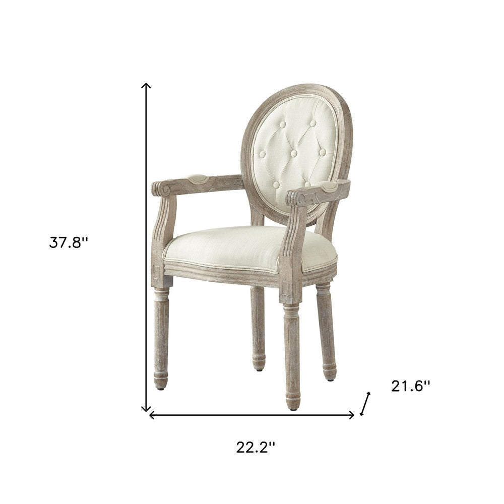 Tufted Cream and Brown Upholstered Linen Dining Arm Chair