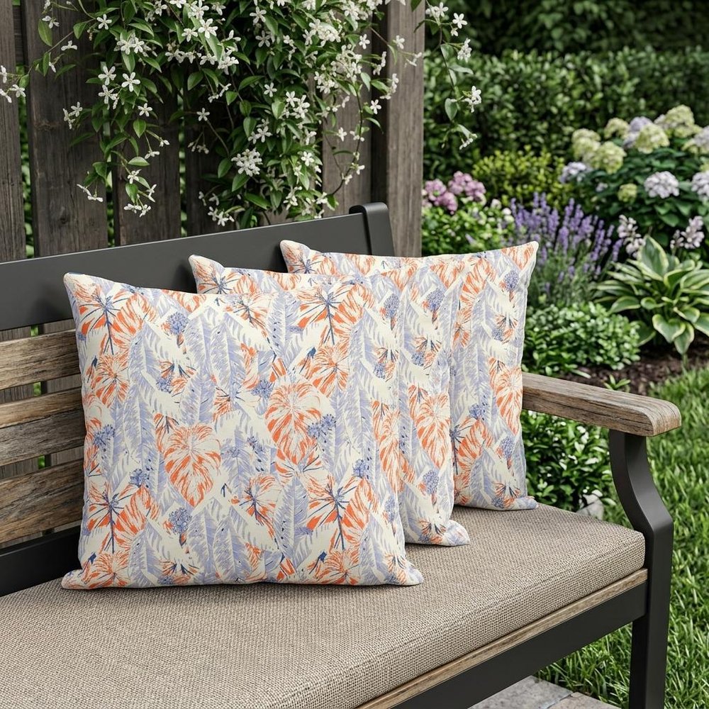 Set of Three 16" X 16" Orange and Ivory Botanical Indoor Outdoor Throw Pillow