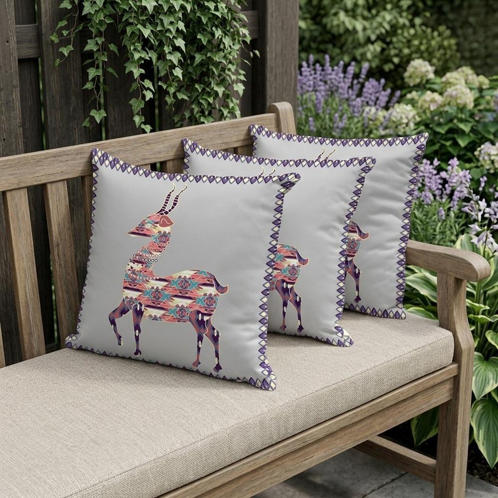 Set of Three 16" X 16" Gray and Purple Deer Indoor Outdoor Throw Pillow