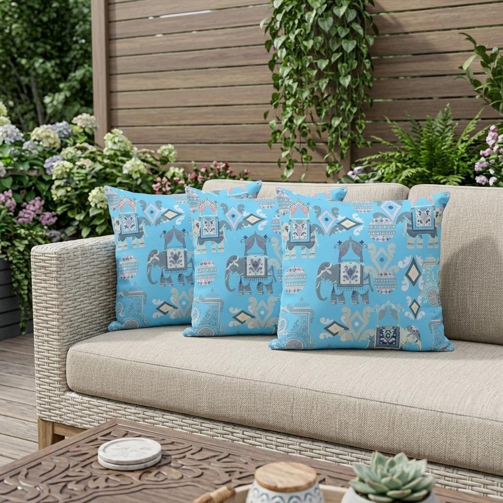 Set of Three 16" X 16" Blue and Gray Elephant Abstract Indoor Outdoor Throw Pillow