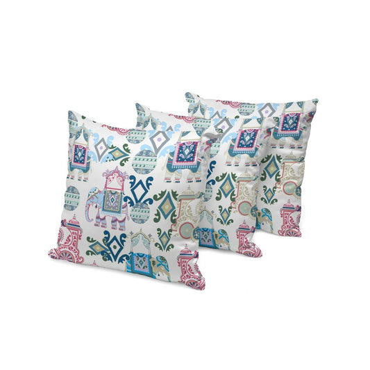 Set of Three 16" X 16" Pink and White Elephant Abstract Indoor Outdoor Throw Pillow