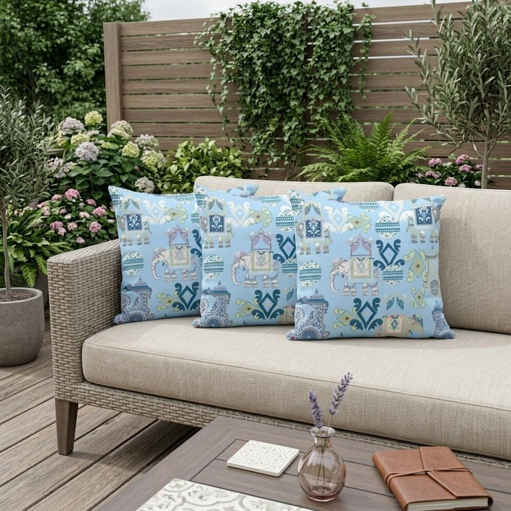 Set of Three 16" X 16" Blue and White Elephant Abstract Indoor Outdoor Throw Pillow