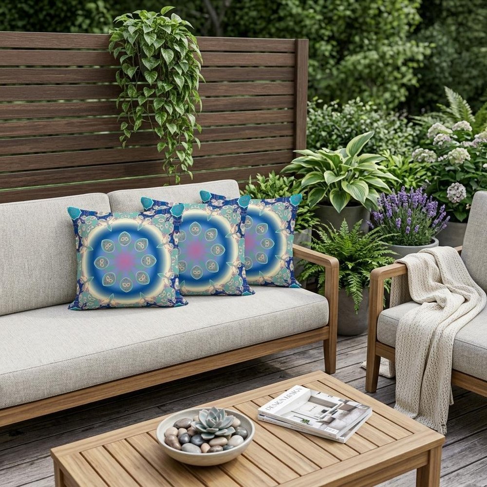Set of Three 16" X 16" Blue and Green Abstract Indoor Outdoor Throw Pillow