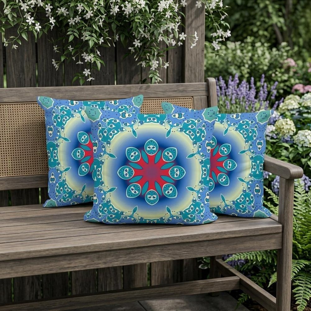 Set of Three Blue and Green Abstract Indoor Outdoor Throw Pillow