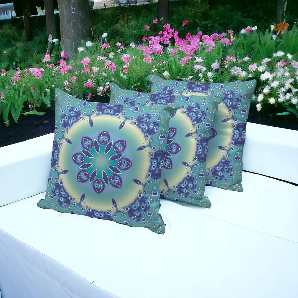 Set of Three Blue and Purple Abstract Indoor Outdoor Throw Pillow