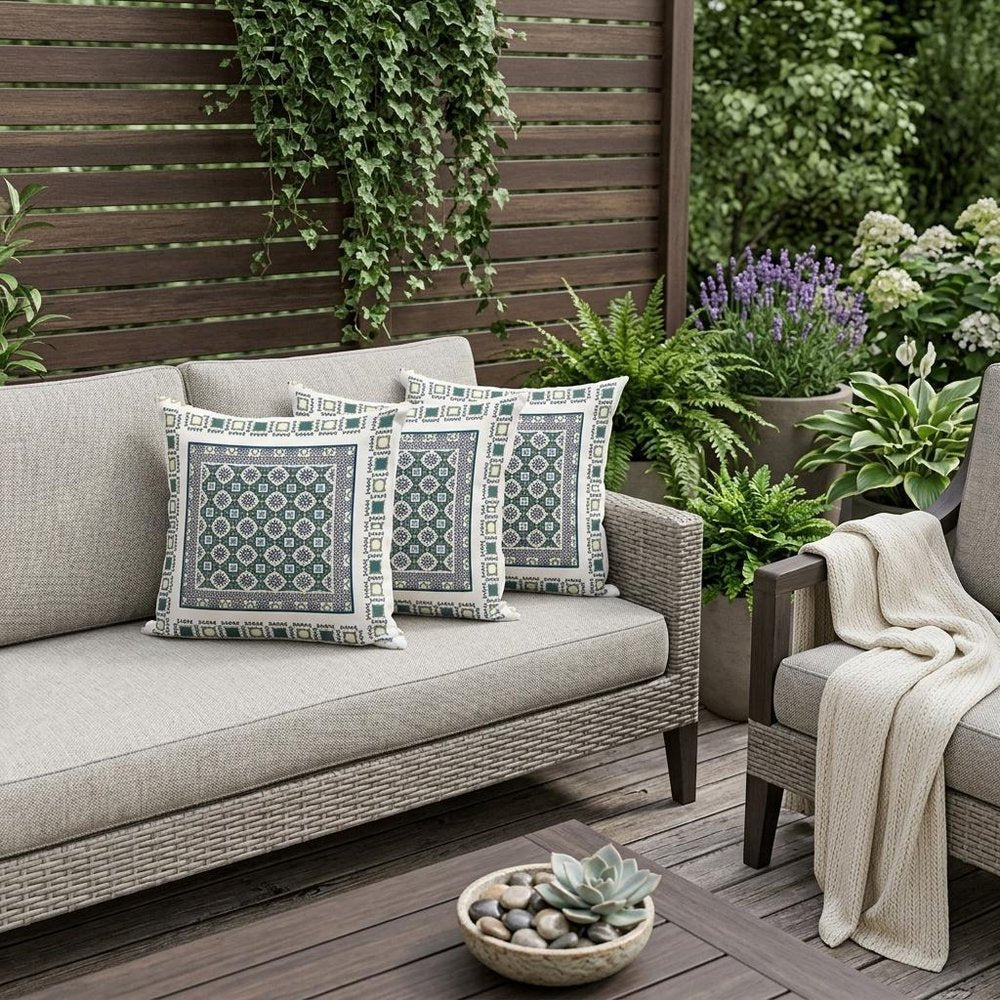 Set of Three 16" X 16" Green and White Botanical Indoor Outdoor Throw Pillow