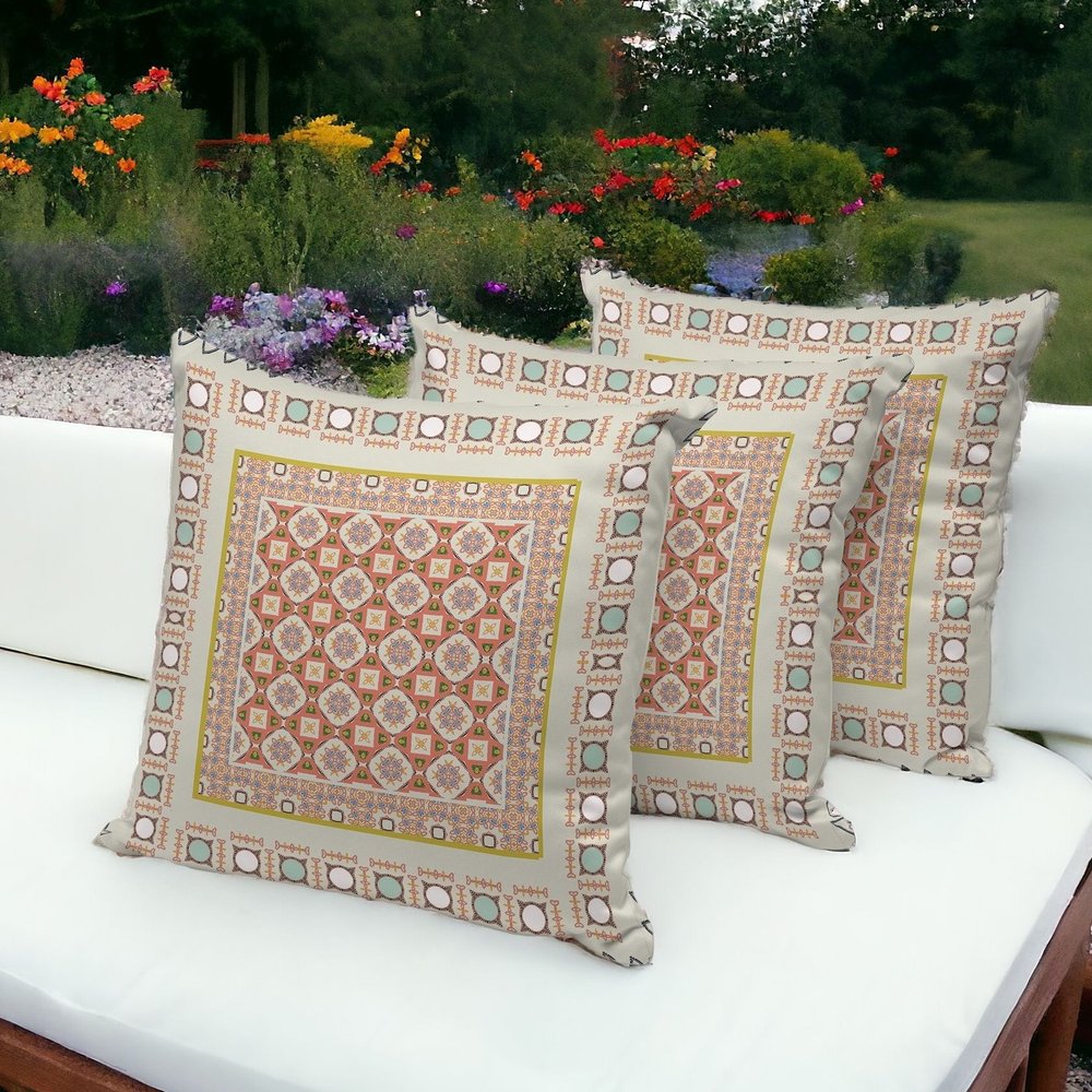 Set of Three Orange and White Botanical Indoor Outdoor Throw Pillow