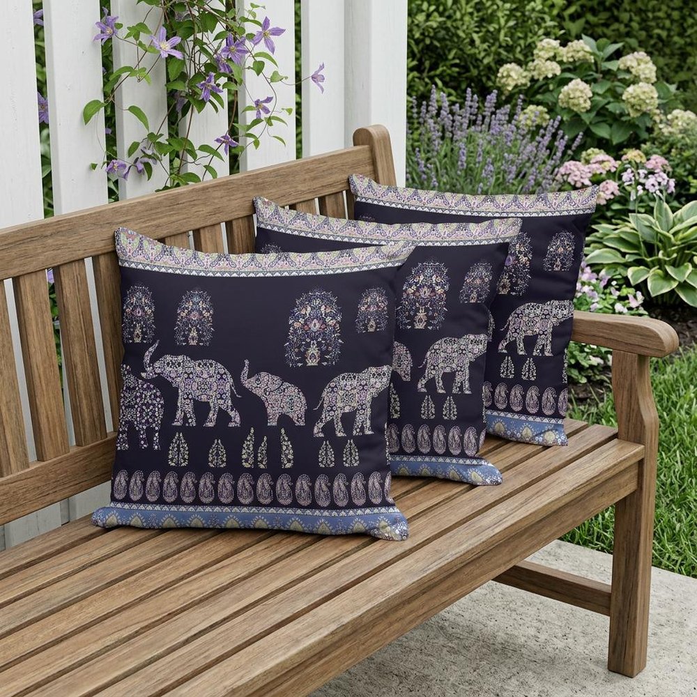 Set of Three 16" X 16" Blue and Purple Elephant Paisley Indoor Outdoor Throw Pillow