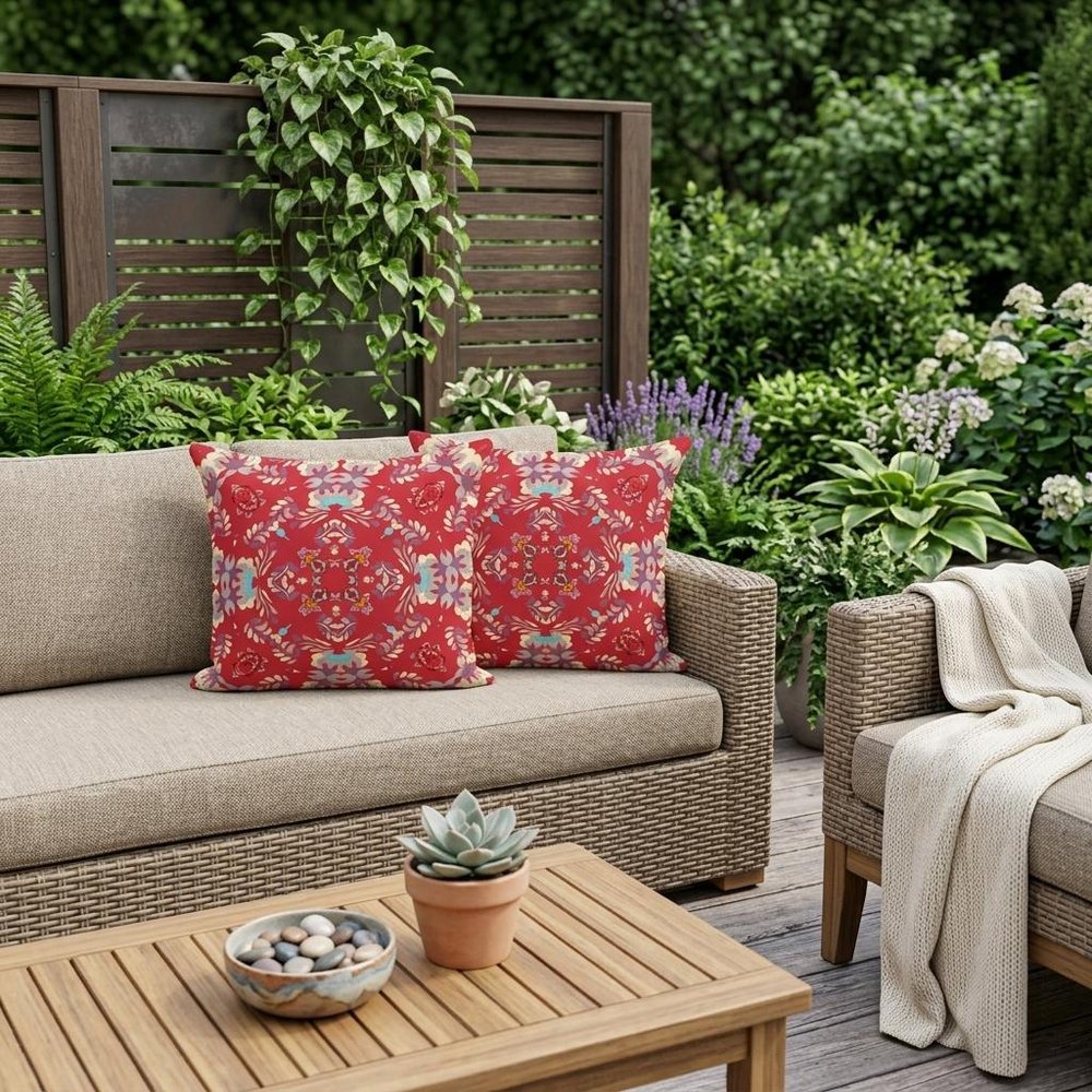 Set of Three 16" X 16" Red and Ivory Geometric Indoor Outdoor Throw Pillow