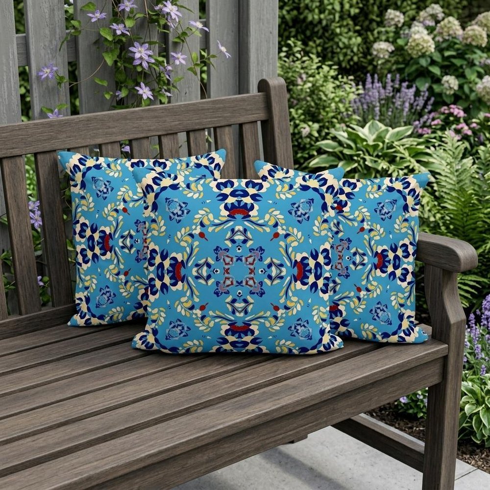 Set of Three 16" X 16" Blue and Yellow Geometric Indoor Outdoor Throw Pillow