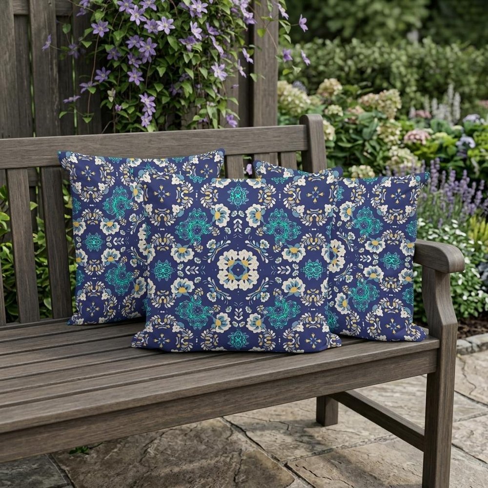 Set of Three 16" X 16" Blue and White Botanical Indoor Outdoor Throw Pillow