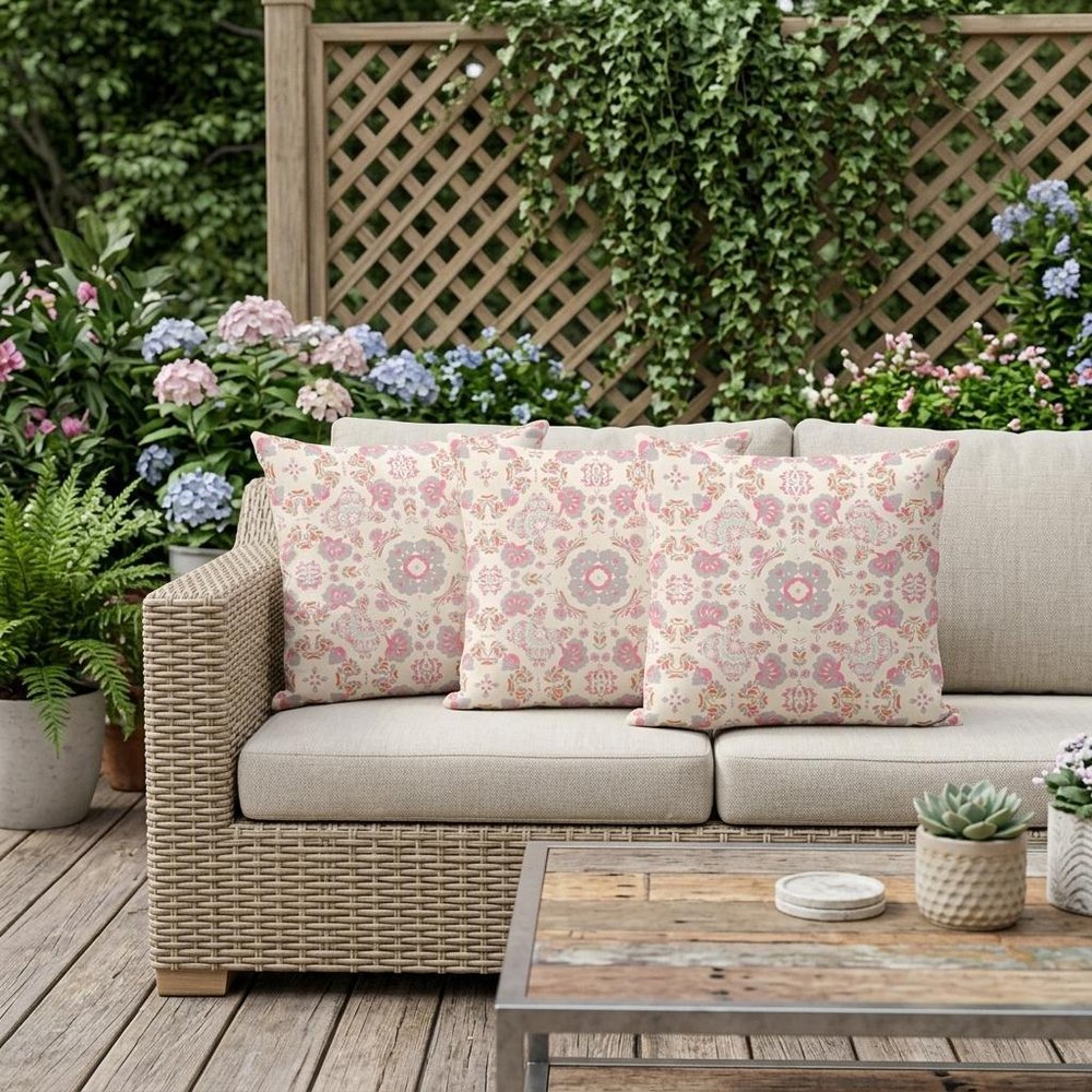 Set of Three 16" X 16" Pink and White Botanical Indoor Outdoor Throw Pillow