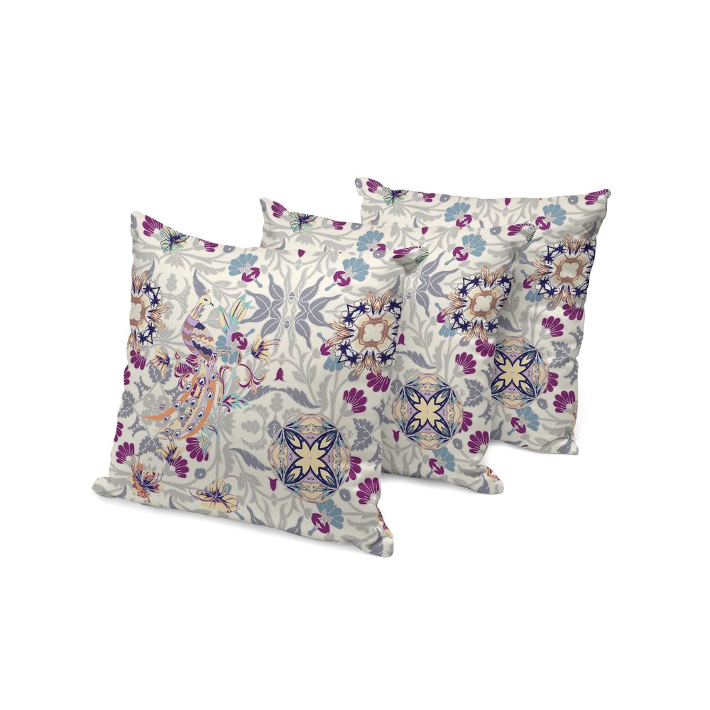 Set of Three 16" X 16" Pink and White Peacock Blown Seam Eclectic Indoor Outdoor Throw Pillow