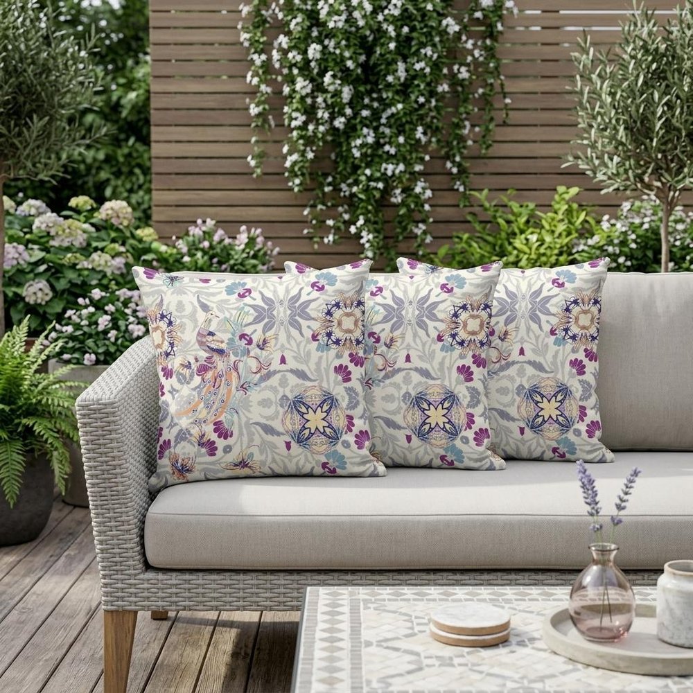 Set of Three 16" X 16" Pink and White Peacock Blown Seam Eclectic Indoor Outdoor Throw Pillow