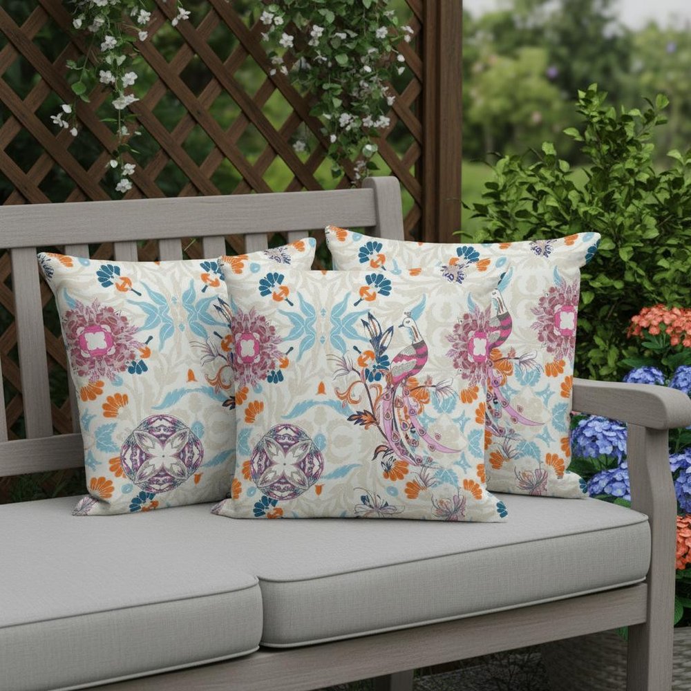 Set of Three 16" X 16" Blue and Off White Peacock Blown Seam Eclectic Indoor Outdoor Throw Pillow