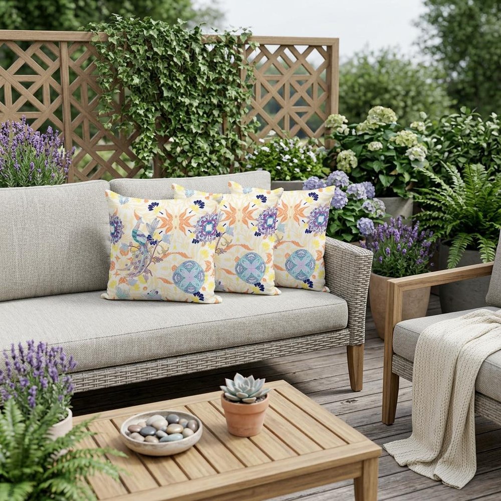 Set of Three 16" X 16" Orange and White Peacock Blown Seam Eclectic Indoor Outdoor Throw Pillow