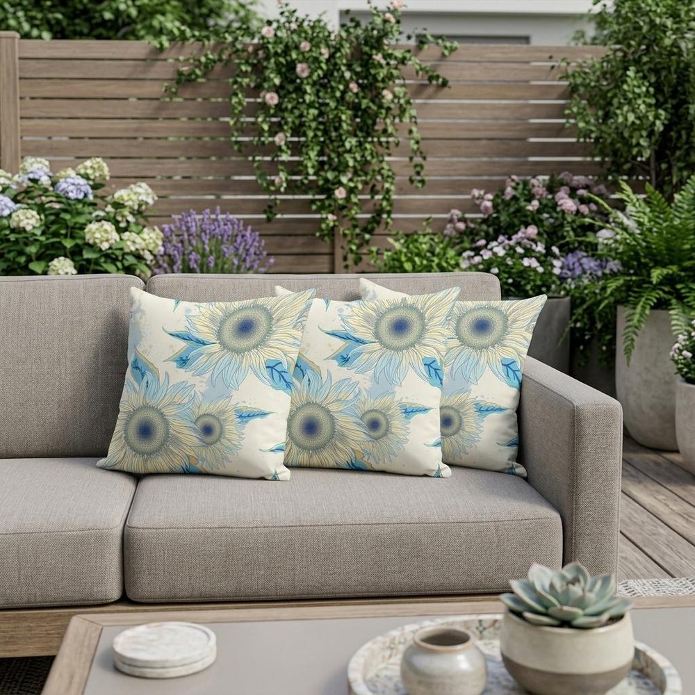 Set of Three 16" X 16" Green and Yellow Blown Seam Floral Indoor Outdoor Throw Pillow