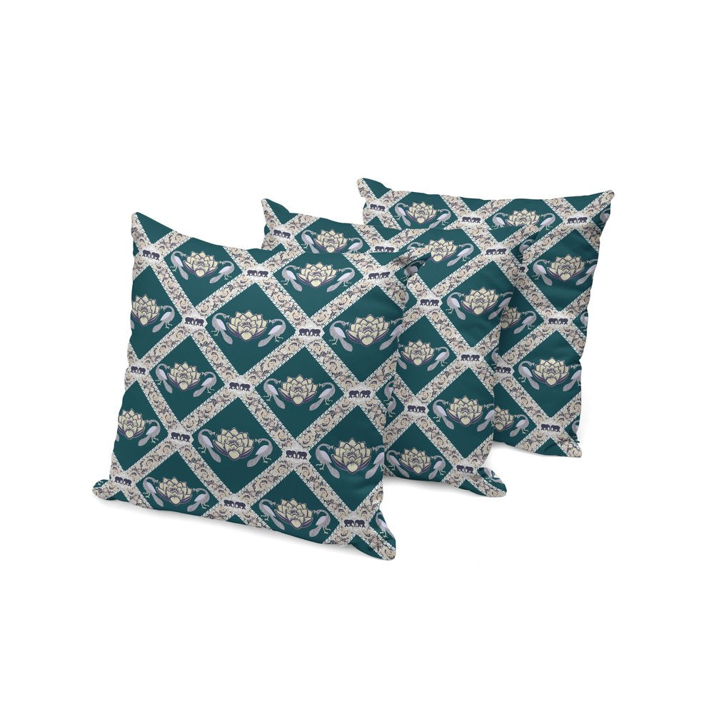 Set of Three 16" X 16" Green and Yellow Peacock Blown Seam Floral Indoor Outdoor Throw Pillow