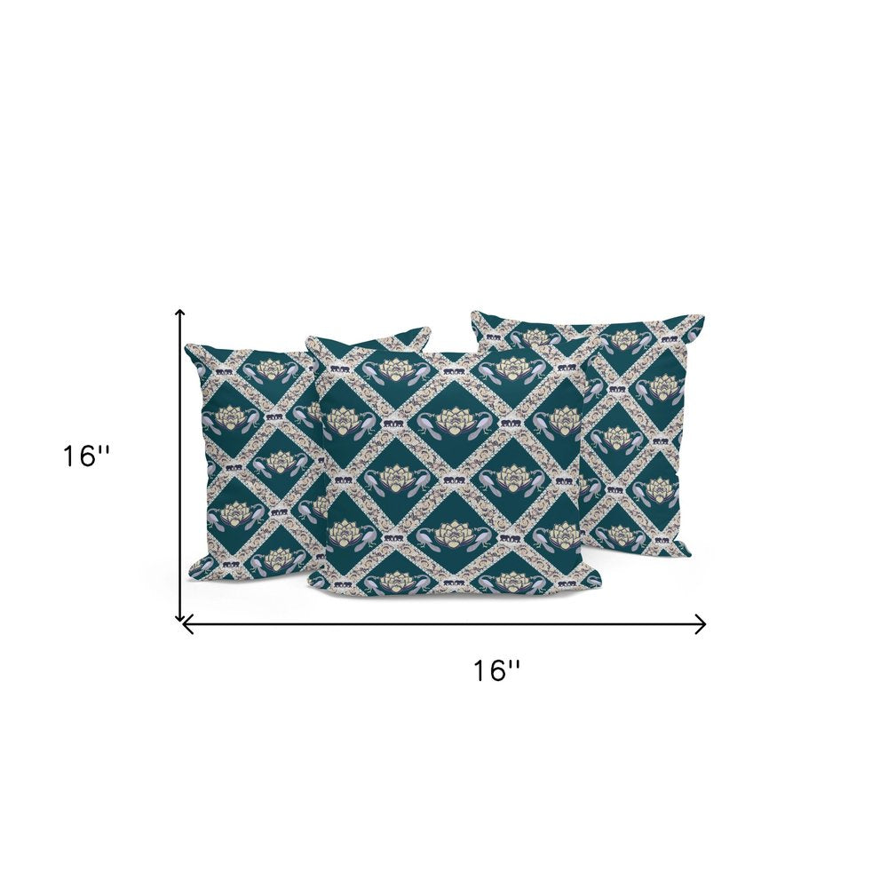 Set of Three 16" X 16" Green and Yellow Peacock Blown Seam Floral Indoor Outdoor Throw Pillow