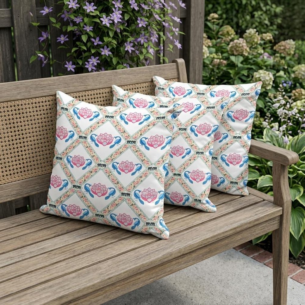 Set of Three 16" X 16" Blue and White Peacock Blown Seam Floral Indoor Outdoor Throw Pillow