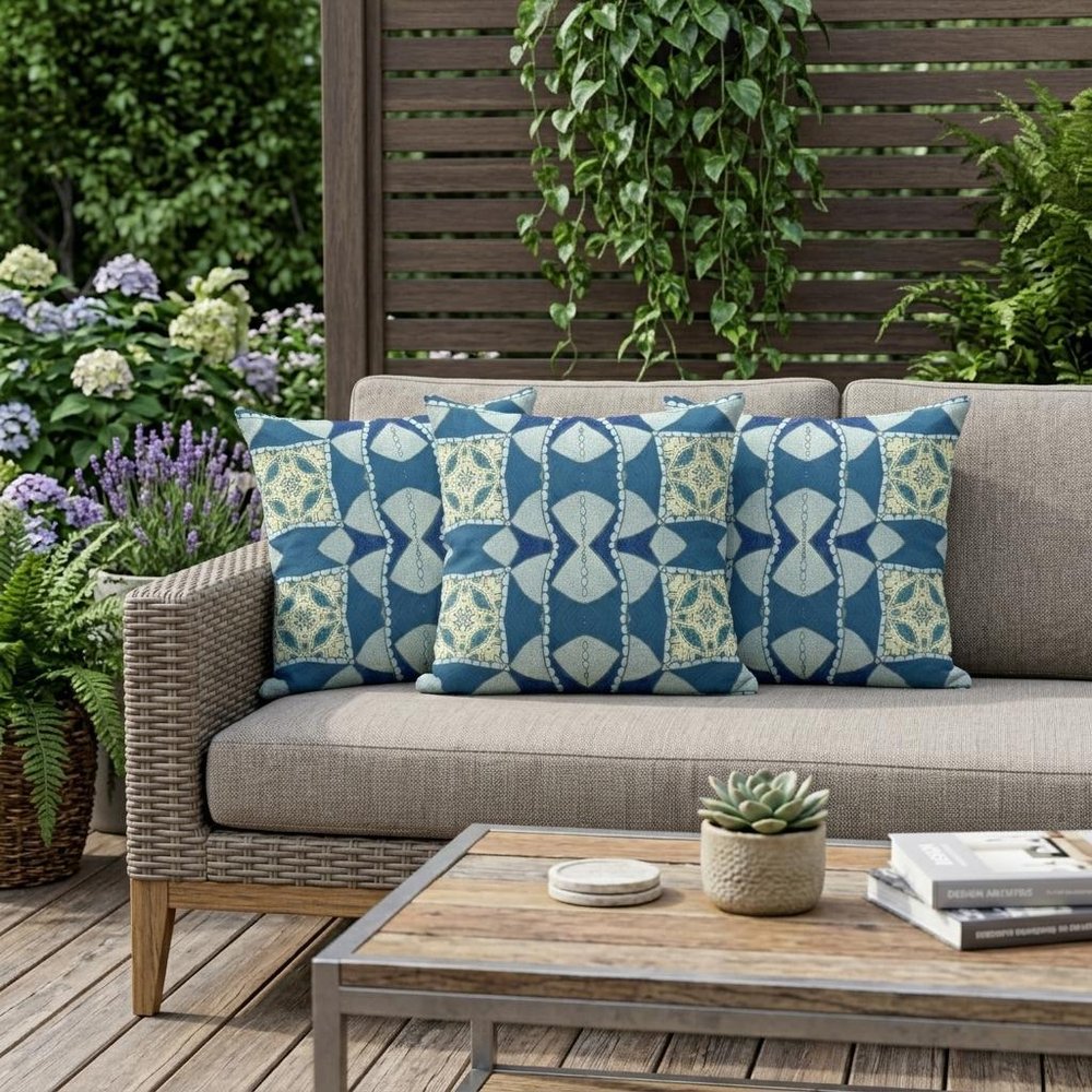 Set of Three 16" X 16" Blue and Green Blown Seam Eclectic Indoor Outdoor Throw Pillow
