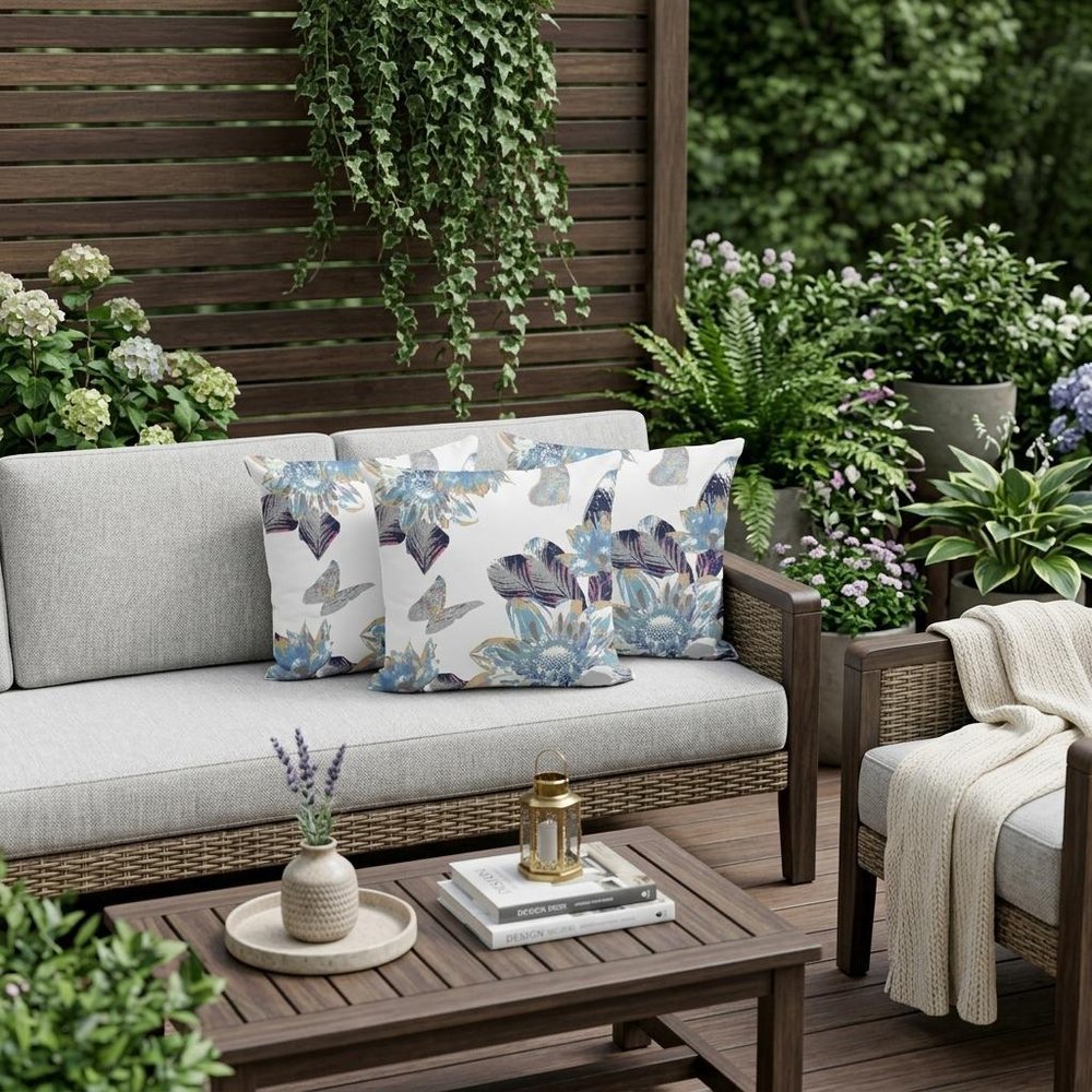 Set of Three 16" X 16" Gray and White Butterfly Blown Seam Floral Indoor Outdoor Throw Pillow