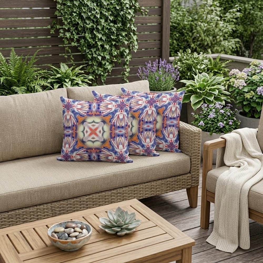 Set of Three 16" X 16" Blue and Orange Blown Seam Floral Indoor Outdoor Throw Pillow