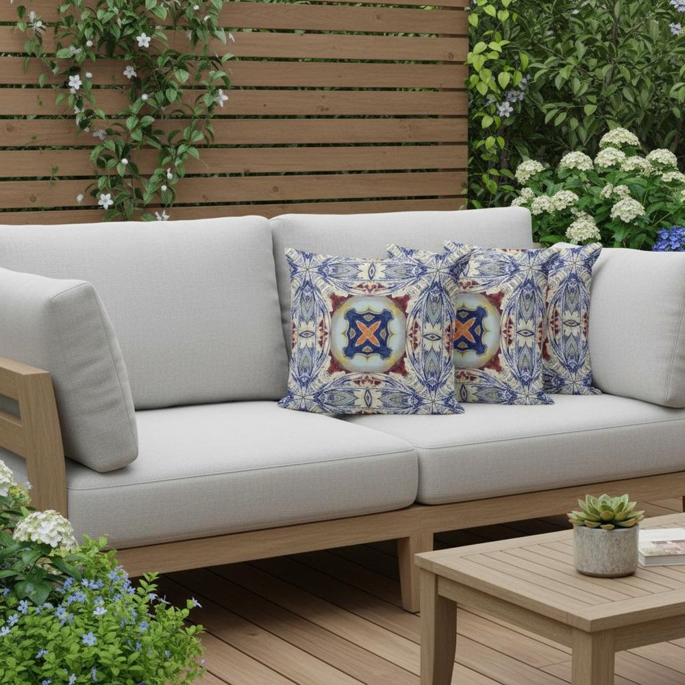 Set of Three 16" X 16" Blue and Gray Blown Seam Floral Indoor Outdoor Throw Pillow