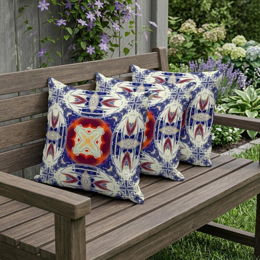 Set of Three 16" X 16" Blue and Orange Blown Seam Floral Indoor Outdoor Throw Pillow