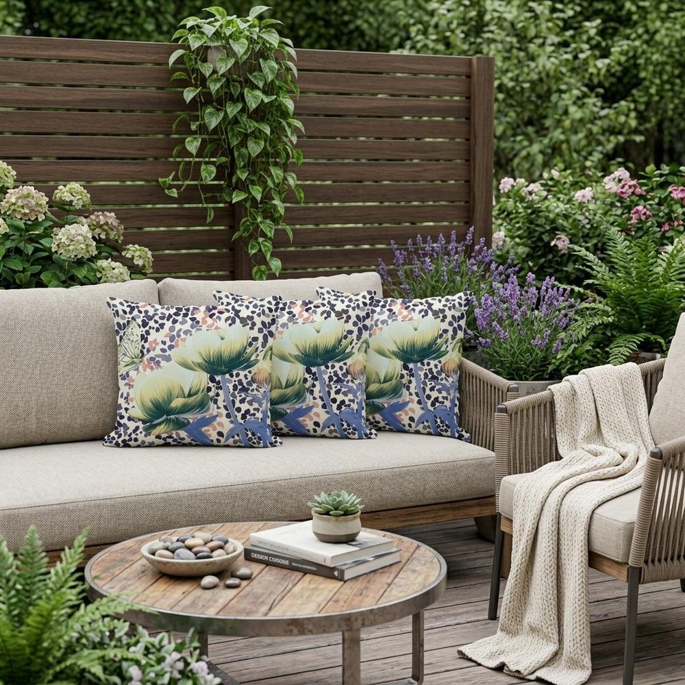 Set of Three 16" X 16" Blue and Green Butterfly Blown Seam Floral Indoor Outdoor Throw Pillow