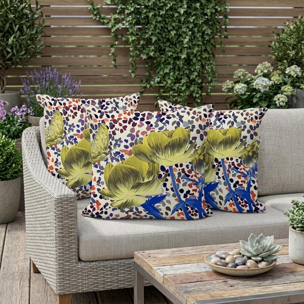 Set of Three 16" X 16" Blue and Yellow Butterfly Blown Seam Floral Indoor Outdoor Throw Pillow