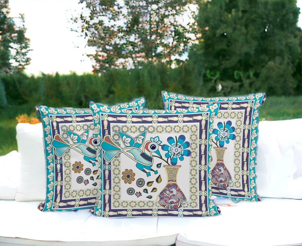 Set of Three 16" X 16" Blue and Purple Peacock Blown Seam Floral Indoor Outdoor Throw Pillow