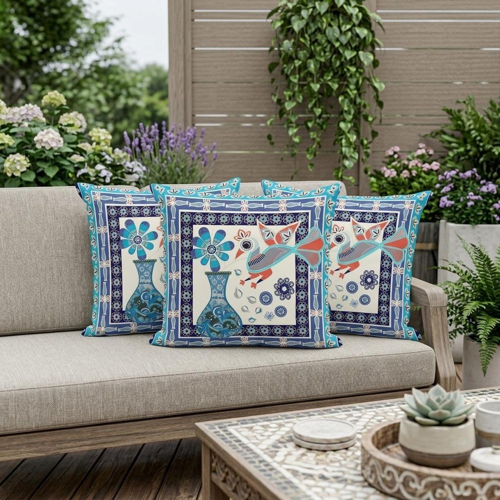 Set of Three 16" X 16" Blue and Off White Peacock Blown Seam Floral Indoor Outdoor Throw Pillow