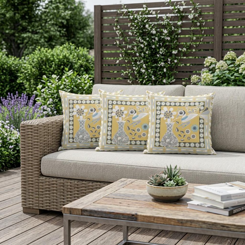 Set of Three 16" X 16" Beige and White Peacock Blown Seam Floral Indoor Outdoor Throw Pillow