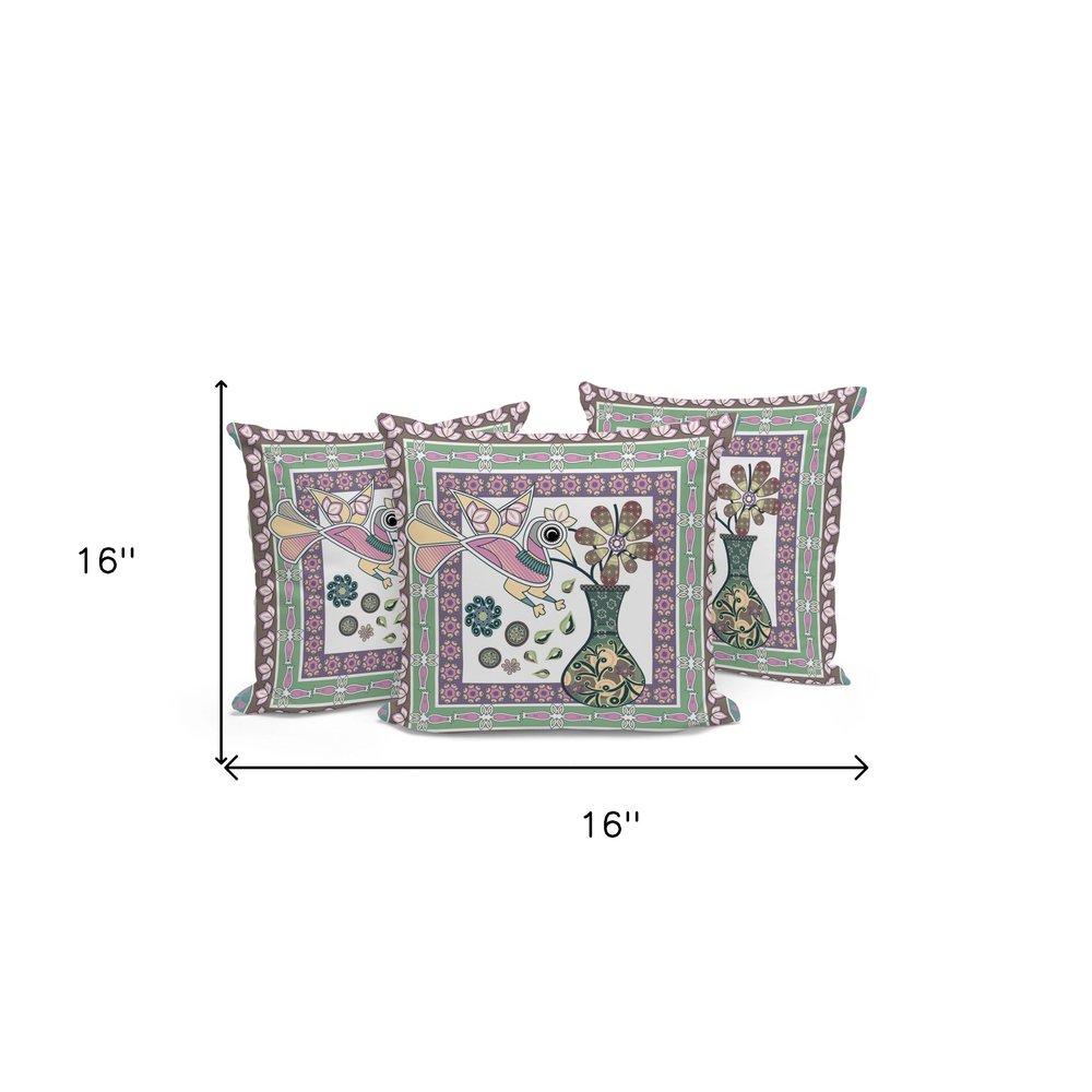 Set of Three 16" X 16" Pink and Brown Peacock Blown Seam Floral Indoor Outdoor Throw Pillow