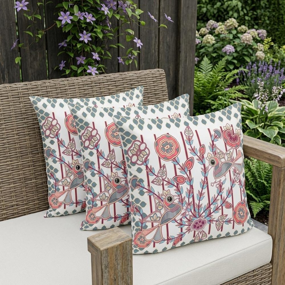 Set of Three 16" X 16" Red and White Peacock Blown Seam Floral Indoor Outdoor Throw Pillow