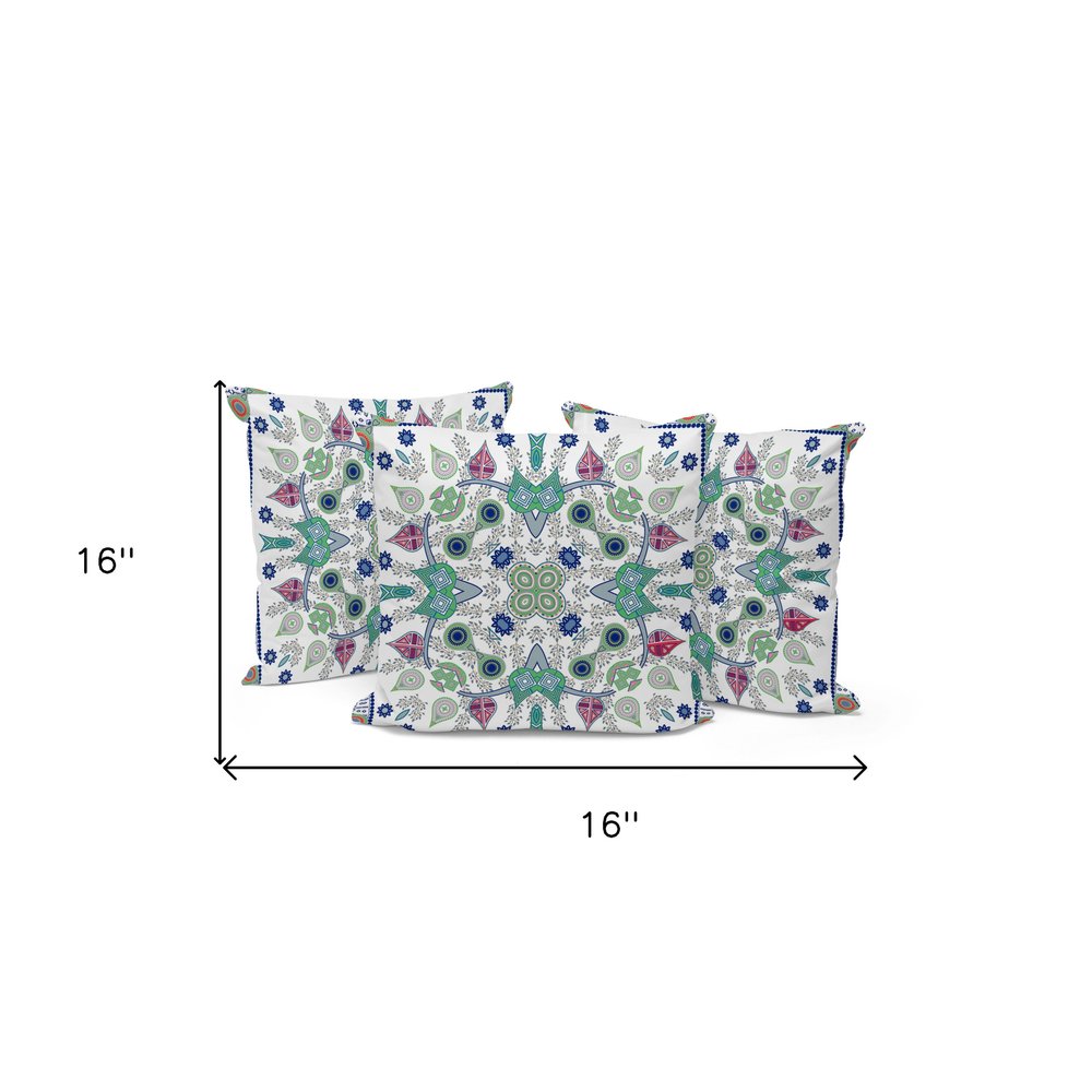 Set of Three 16" X 16" Blue and Off White Blown Seam Paisley Indoor Outdoor Throw Pillow
