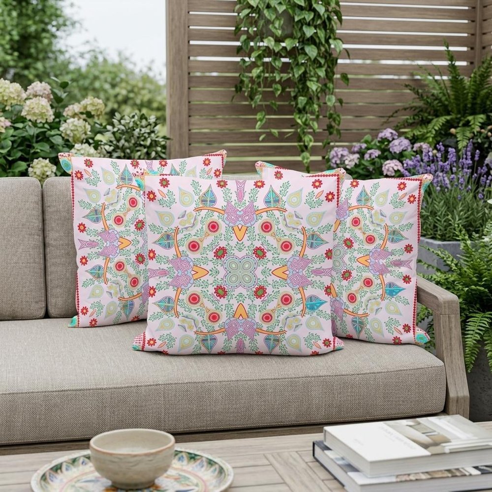 Set of Three 16" X 16" Red and Pink Blown Seam Paisley Indoor Outdoor Throw Pillow