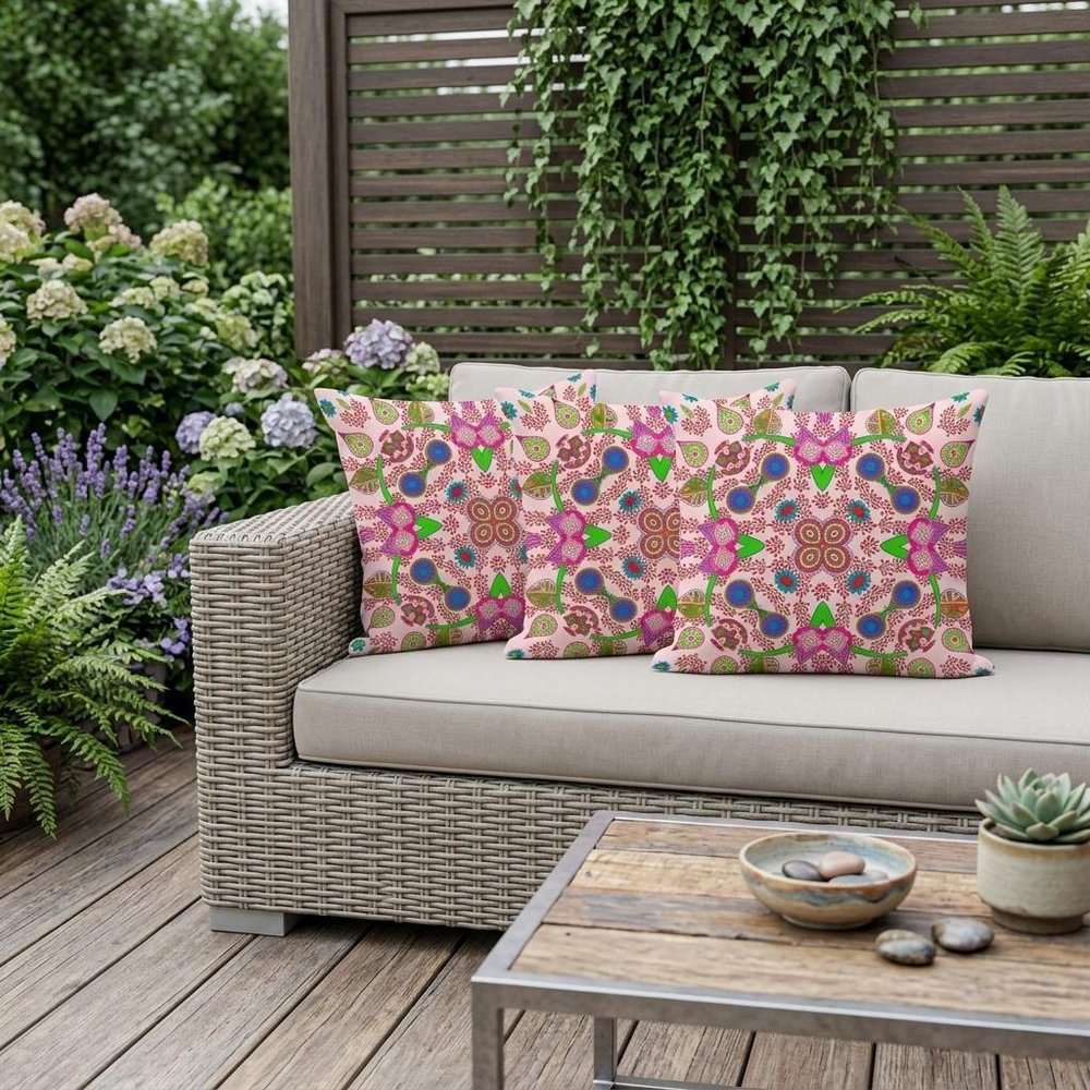 Set of Three 16" X 16" Pink and Green Blown Seam Paisley Indoor Outdoor Throw Pillow