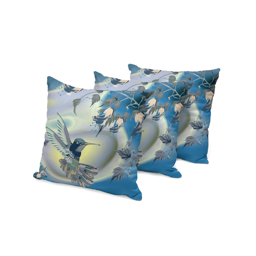 Set of Three 16" X 16" Blue and Yellow Bird Blown Seam Floral Indoor Outdoor Throw Pillow